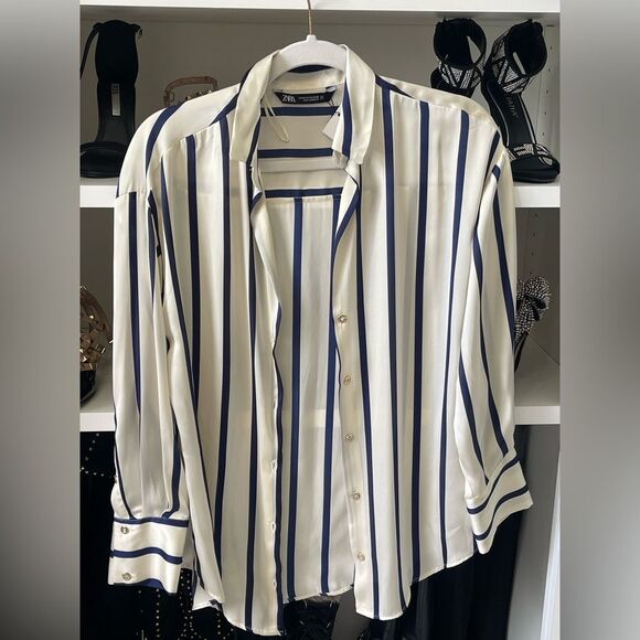 NWT Satin Effect Shirt ~ Navy Blue and Ivory Striped - Picture 10 of 14